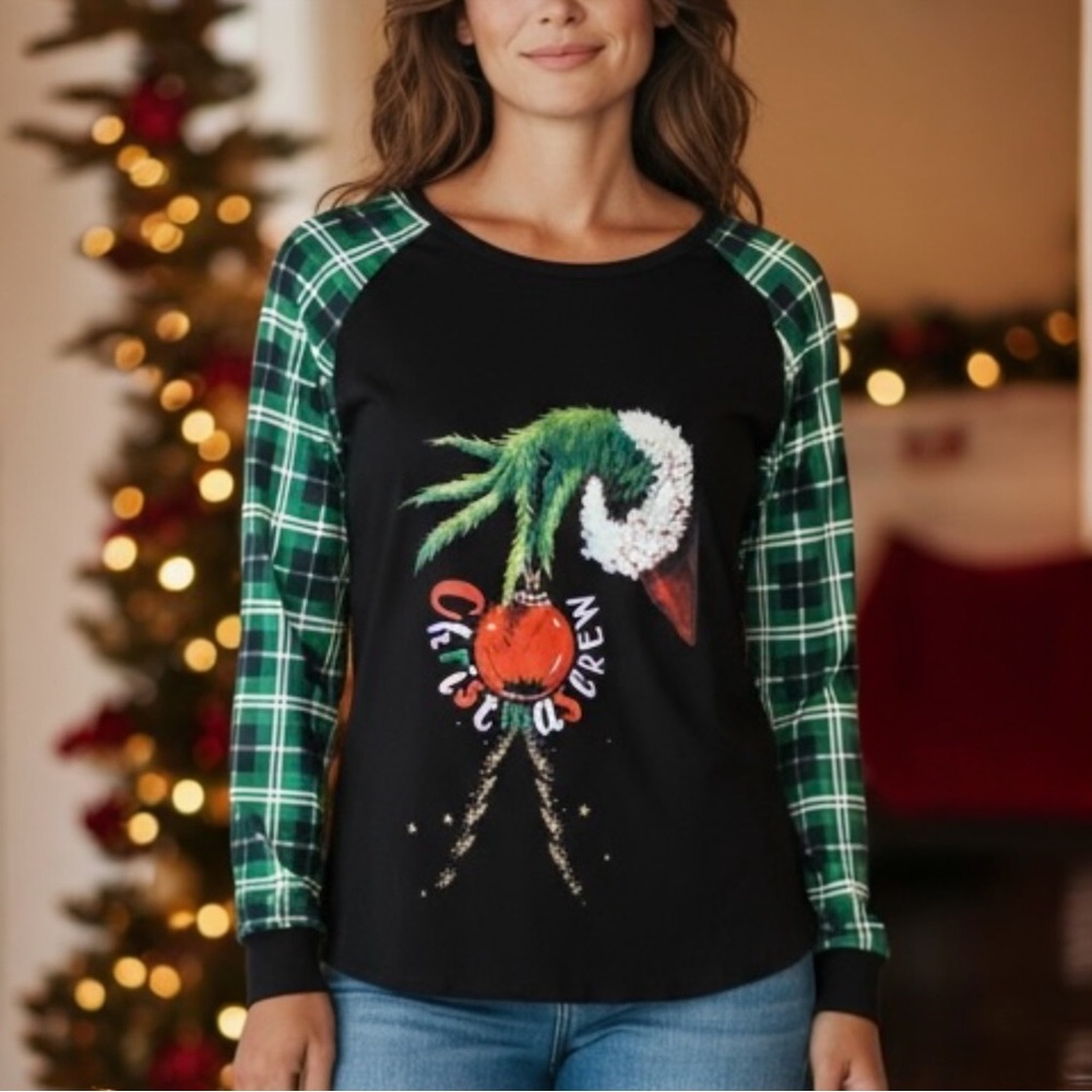 Grinch Hand & Ornament Shirt Long Sleeved Unisex Christmas Sz L Black & Plaid